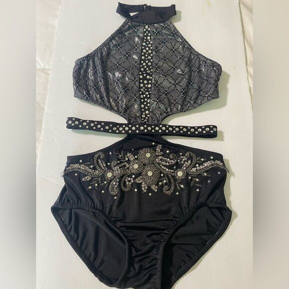 Reverence solo Custom black silver strappy dance costume leotard LA-Large adult - Picture 4 of 11